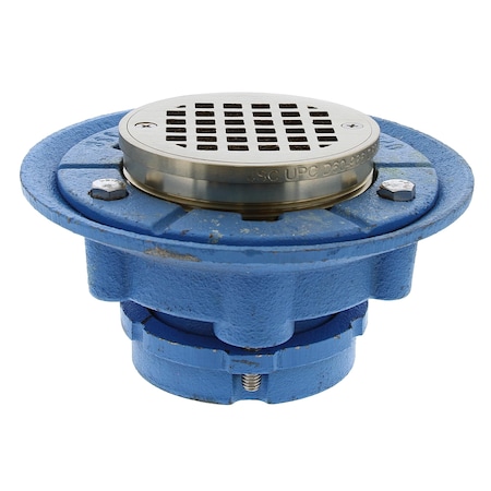 Jones Stephens 2in Cast Iron No Caulk Floor Drain with 7in Pan and 4in Polished Brass Strainer D65400